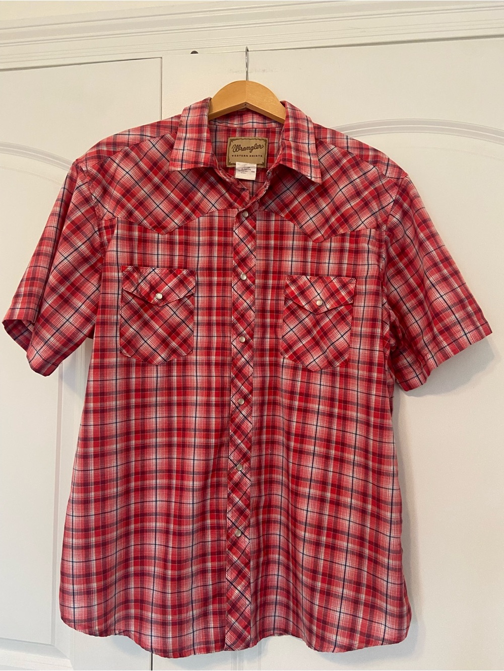Wrangler Red Plaid Pearl Snap Shirt XL Short Sleeve Western Cowboy